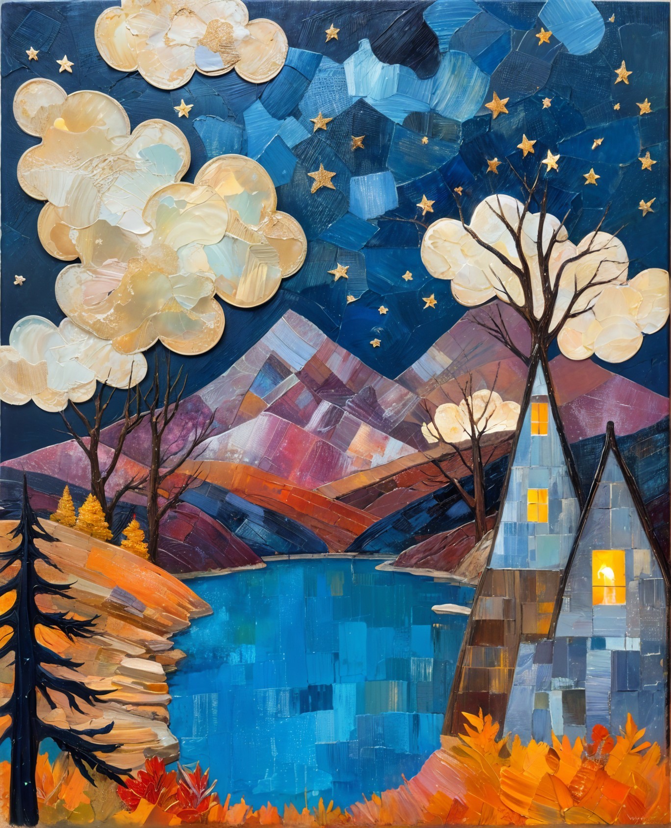 Lakeside Night Scene with Mountains and Colorful Trees