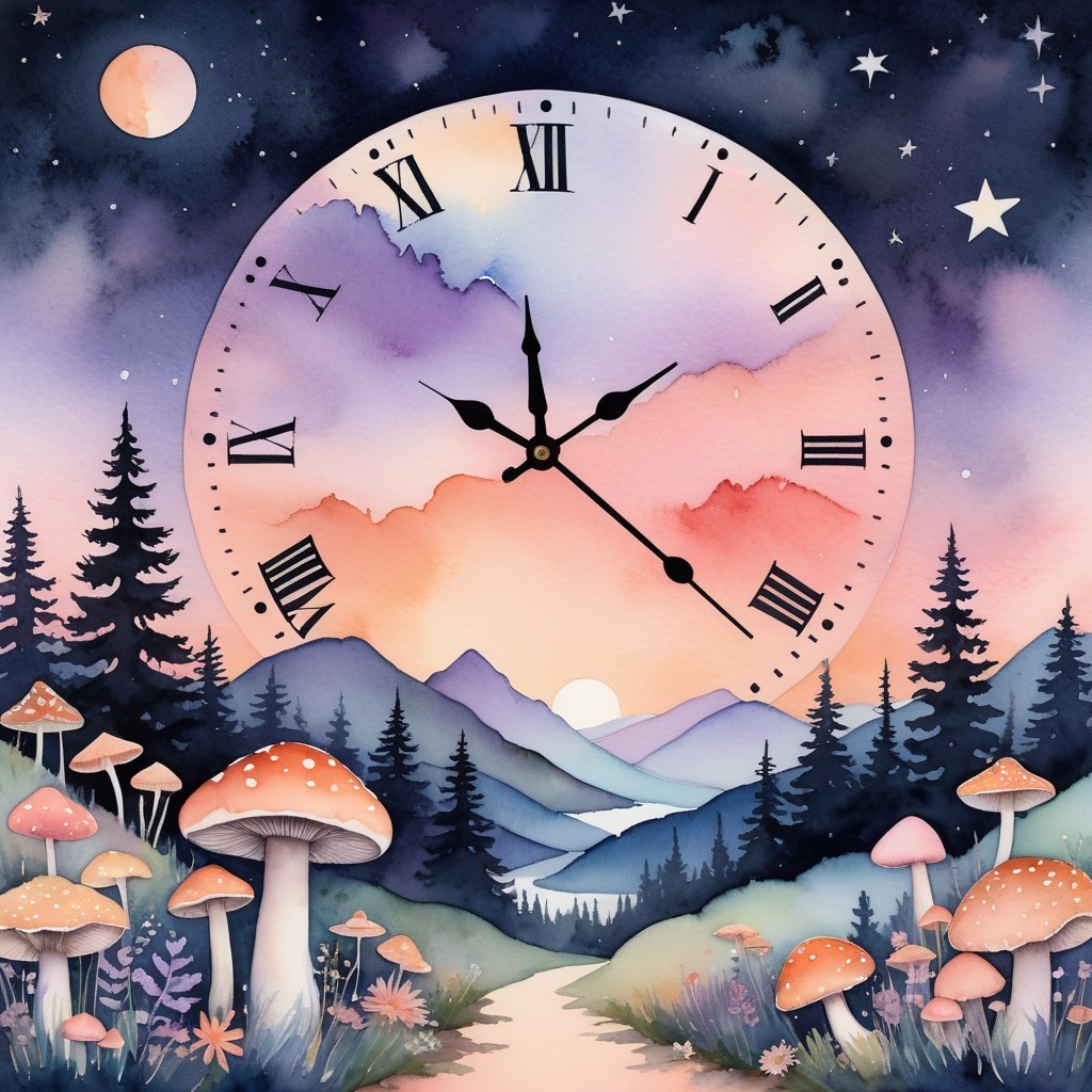Dreamy Landscape with Clock and Vibrant Sky