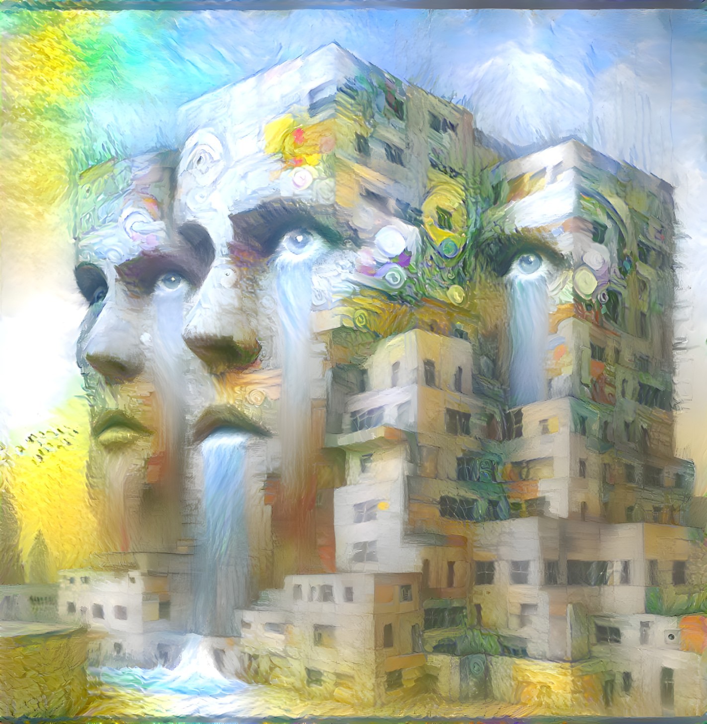 Surreal Artwork of Abstract Faces and Colorful Building