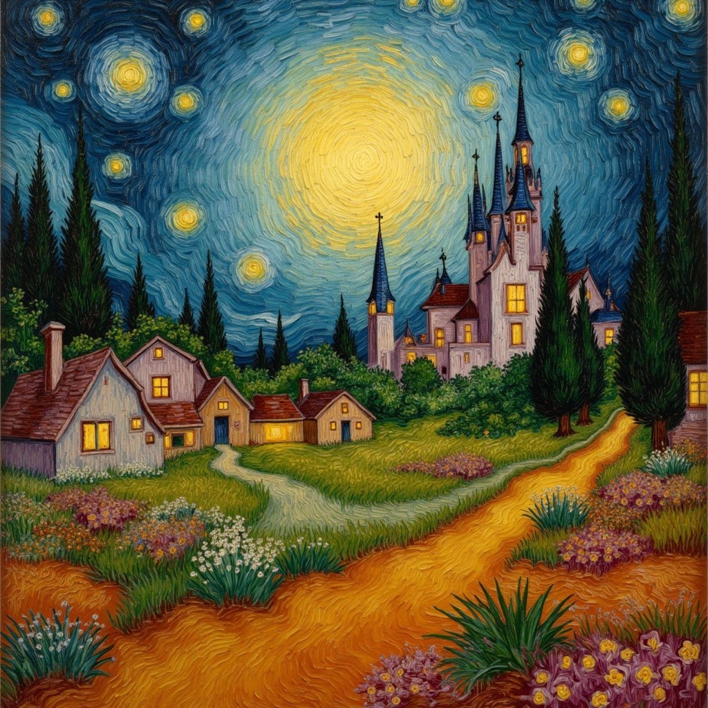 Whimsical village and castle under a starry night sky