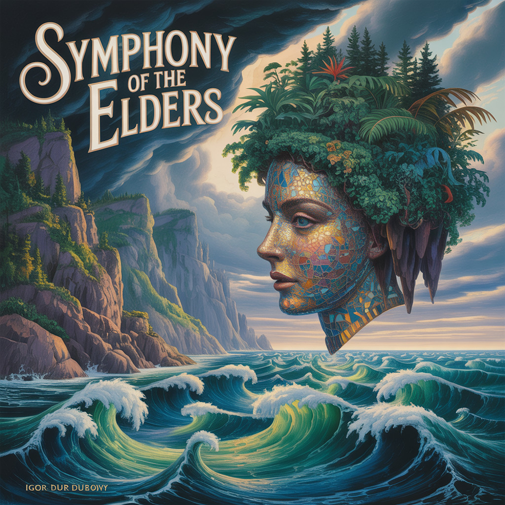 Surreal Landscape with Ornate Head and Ocean Waves