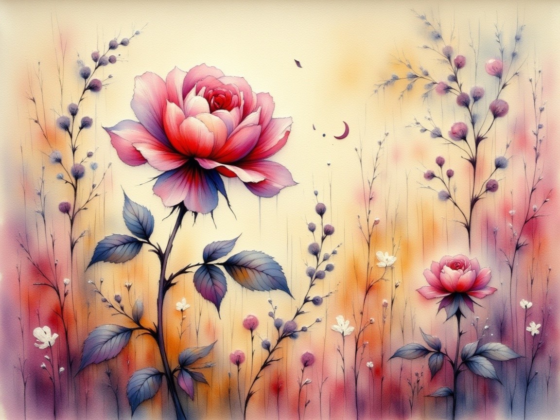 Dreamy Floral Scene with Pink and Purple Roses