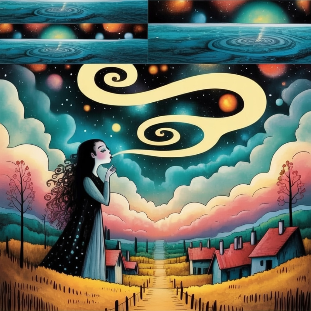 Whimsical Scene of Woman in Cosmic Village Setting