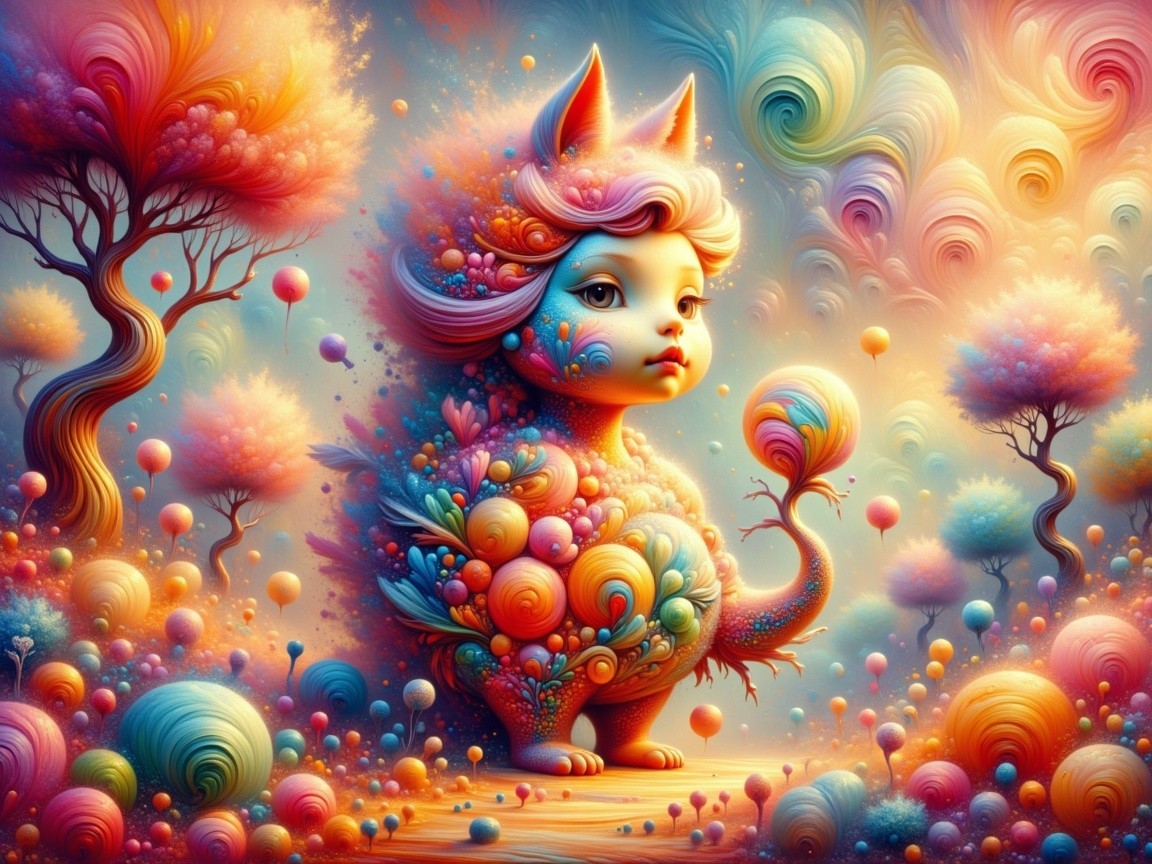 Whimsical Cat-Like Creature in Dreamlike Landscape
