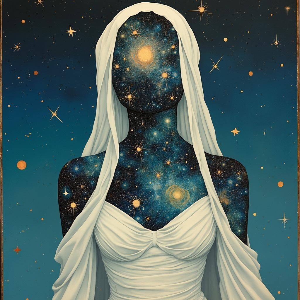 Celestial Figure with Starry Sky Head and White Fabric