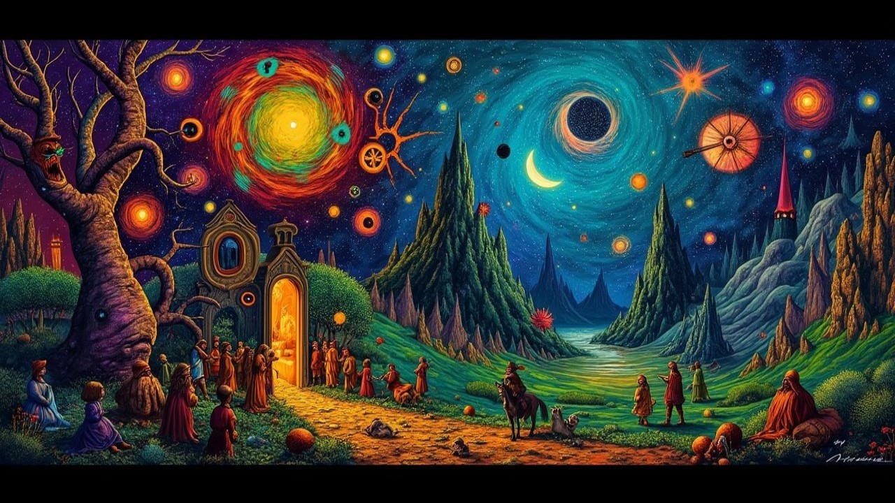 Surreal Landscape with Galaxies and Whimsical Village