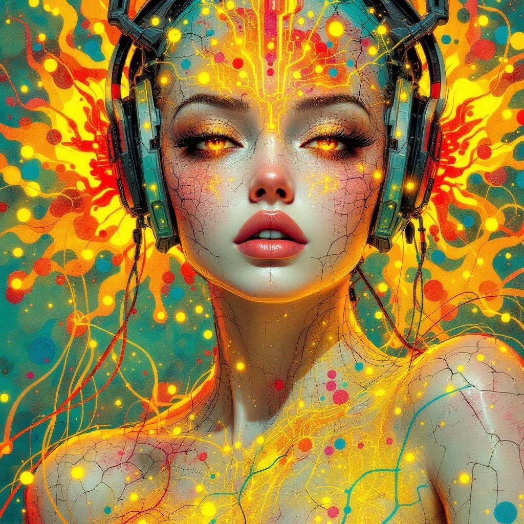 Digital Portrait of Female Figure with Circuitry Patterns