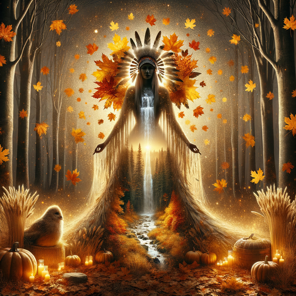Majestic figure in autumn forest with waterfall and candles