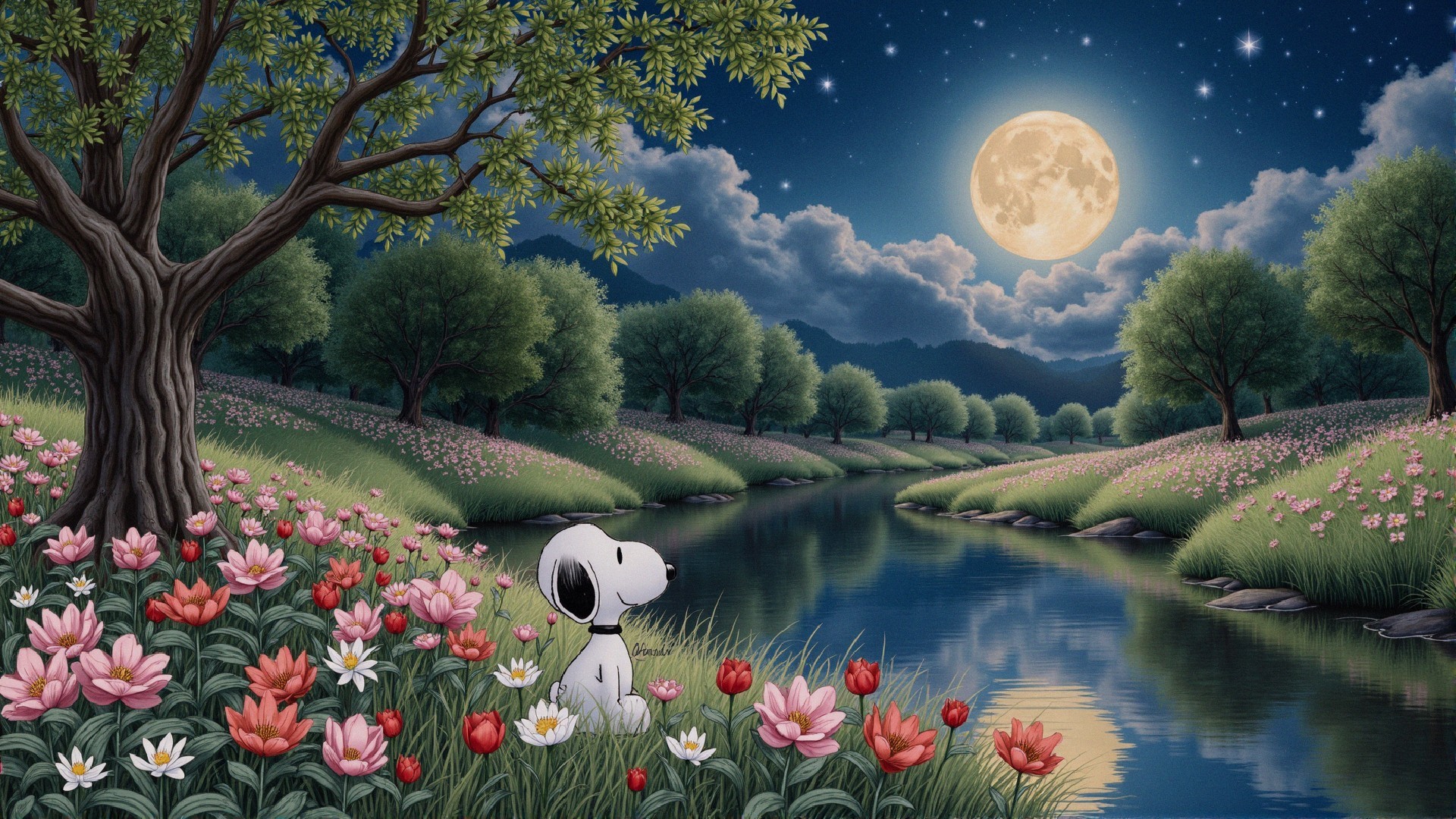 Tranquil River and Moonlit Landscape with Dog