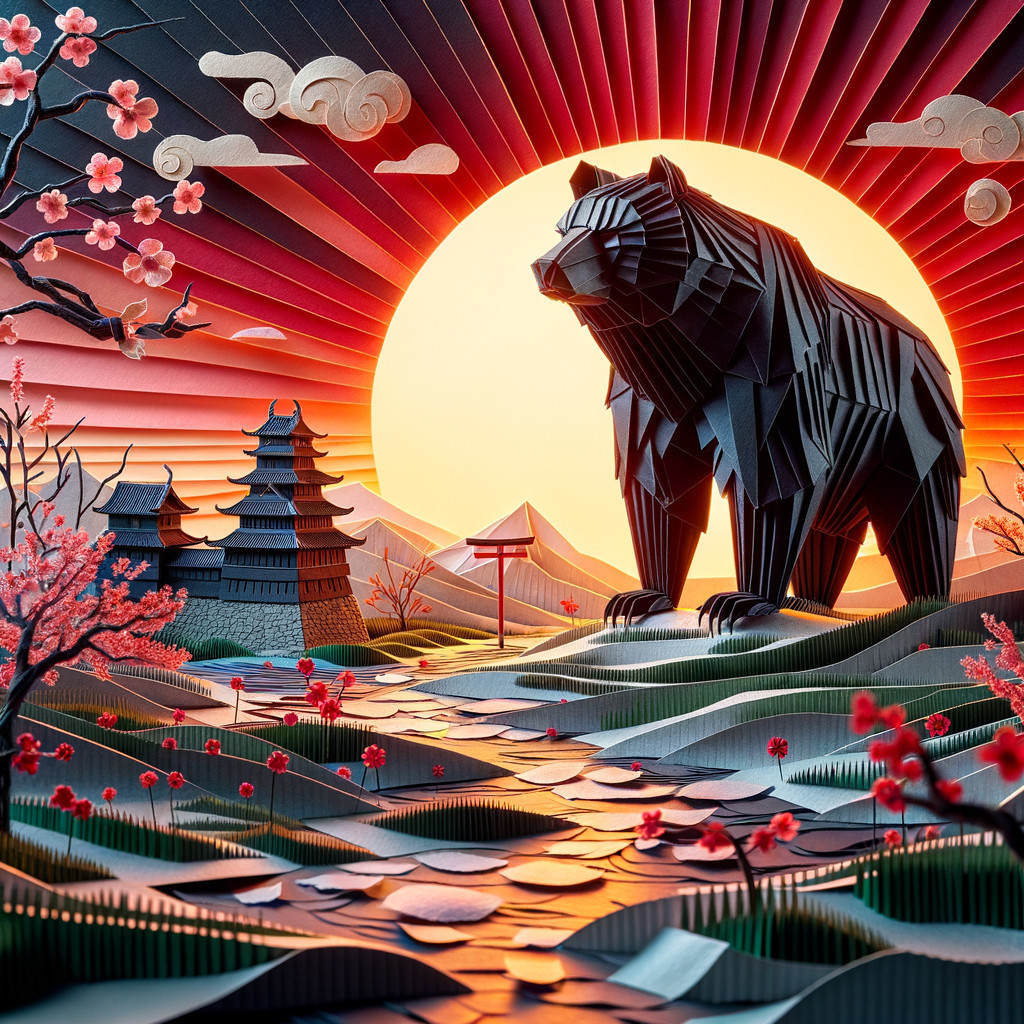 Majestic Bear and Pagoda in Vibrant Paper Art Scene