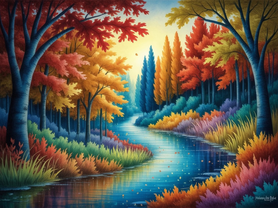 Autumn Landscape with Colorful Foliage and River