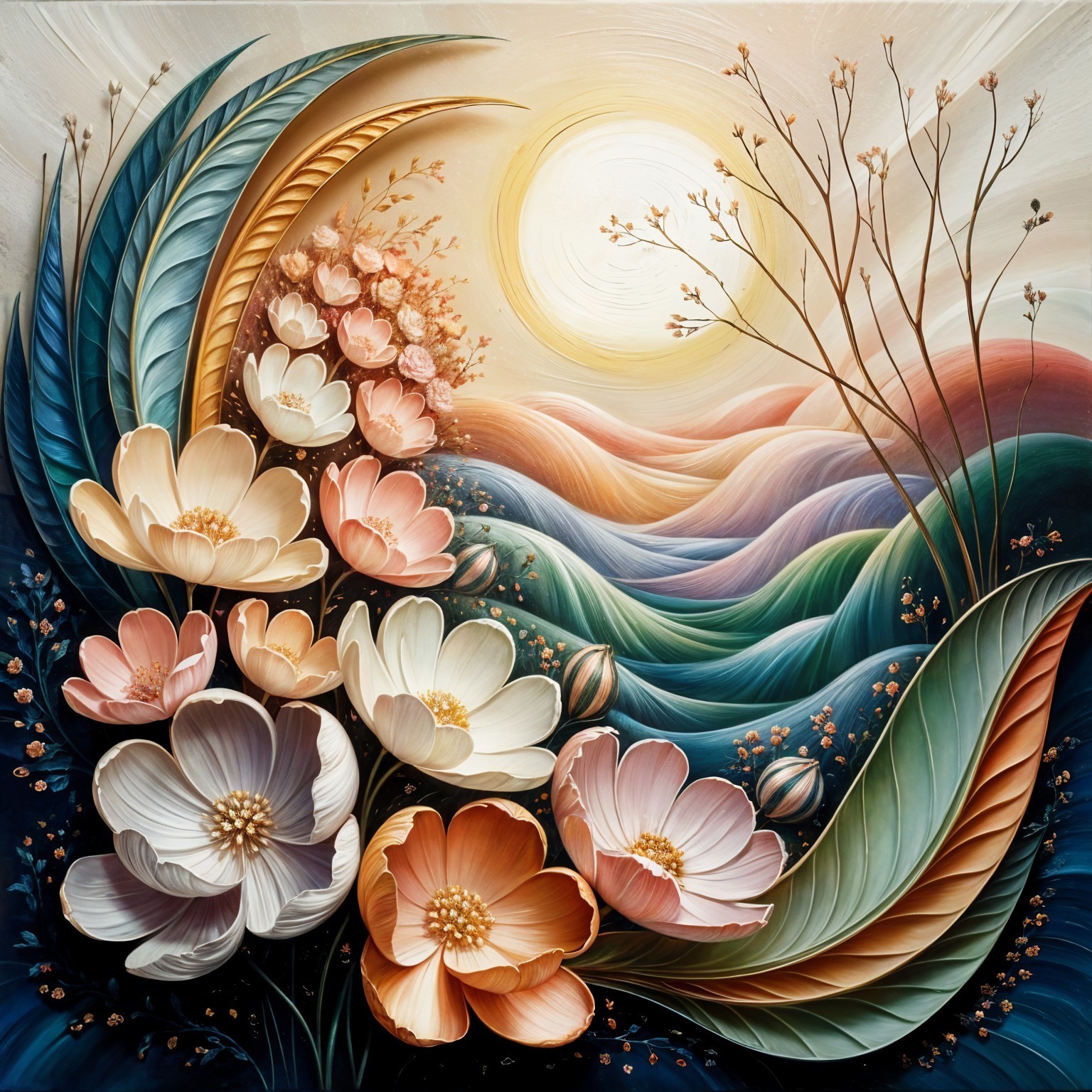Colorful Floral Composition with Waves and Sunlight