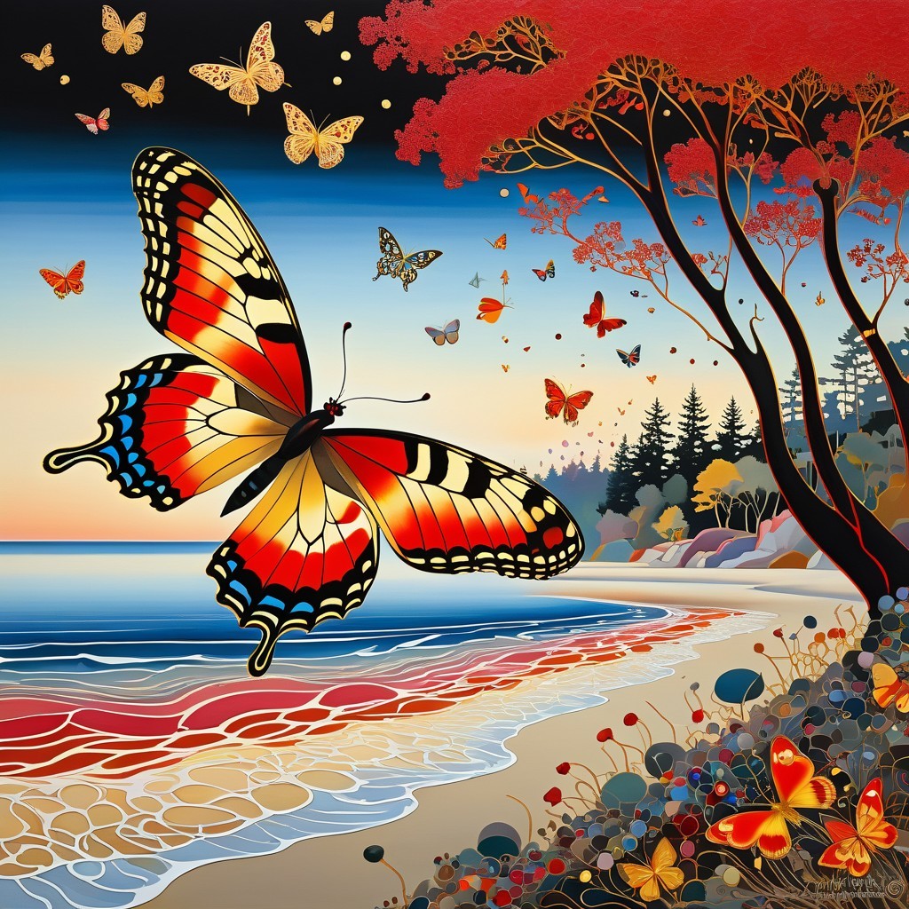 Vibrant Sunset with Butterflies and Scenic Beach View