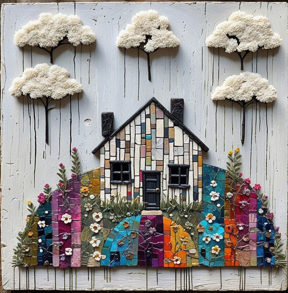 Mixed-media artwork of a mosaic-style house on a hill