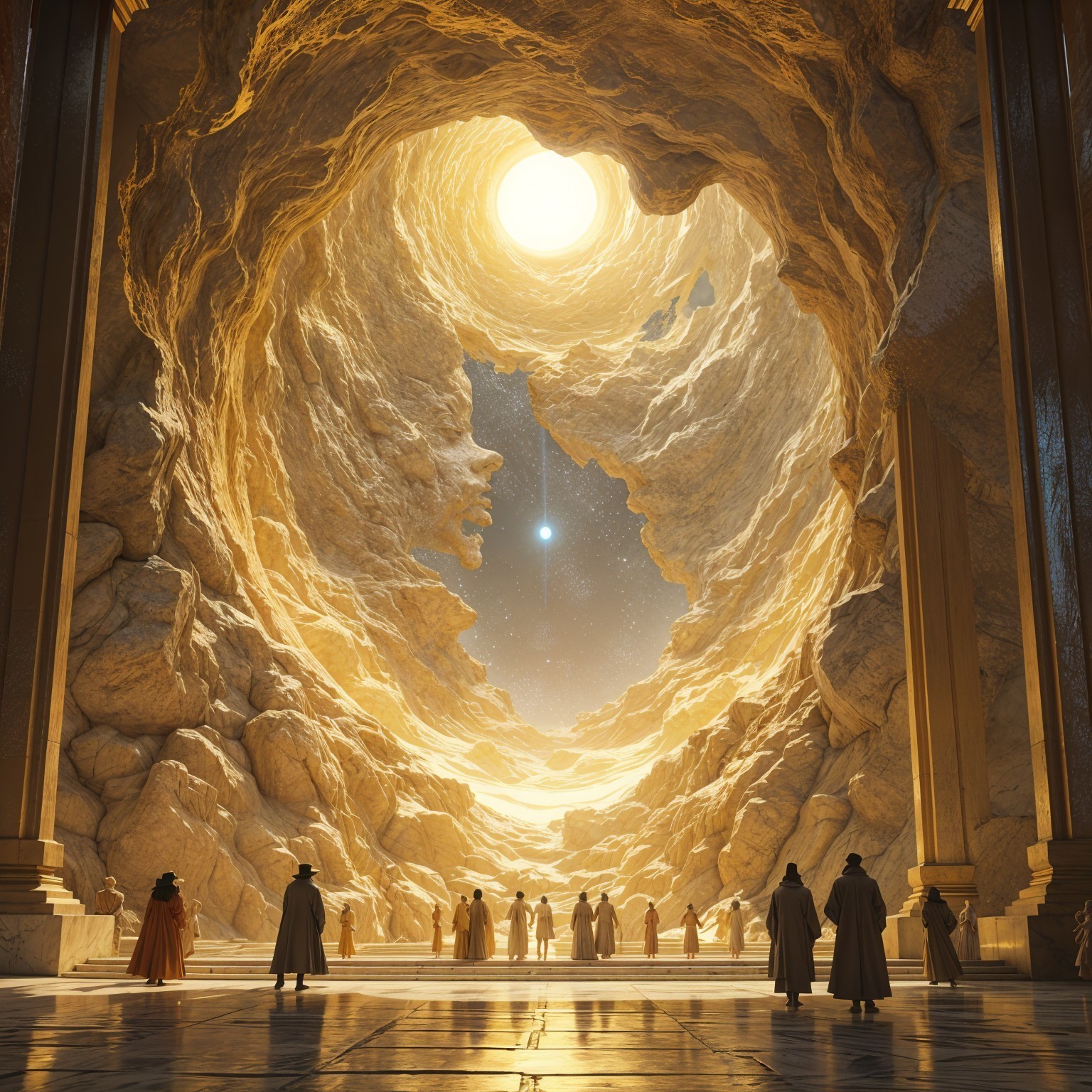 Illuminated cavern with figures in flowing robes