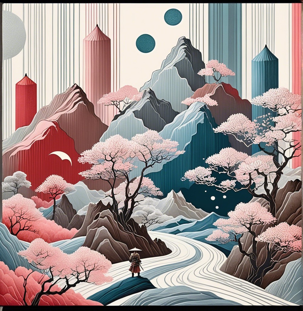 Stylized landscape with mountains, cherry blossoms, and river