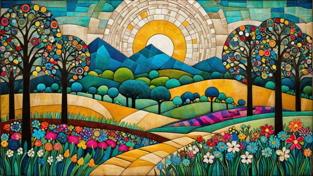 Vibrant Landscape with Rolling Hills and Blossoming Trees