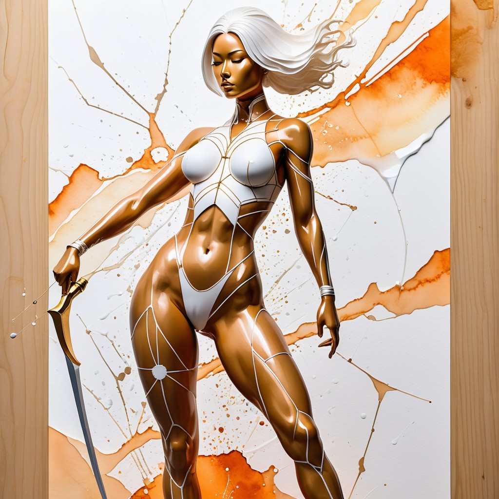 Bronze Female Figure with Sword and Watercolor Background