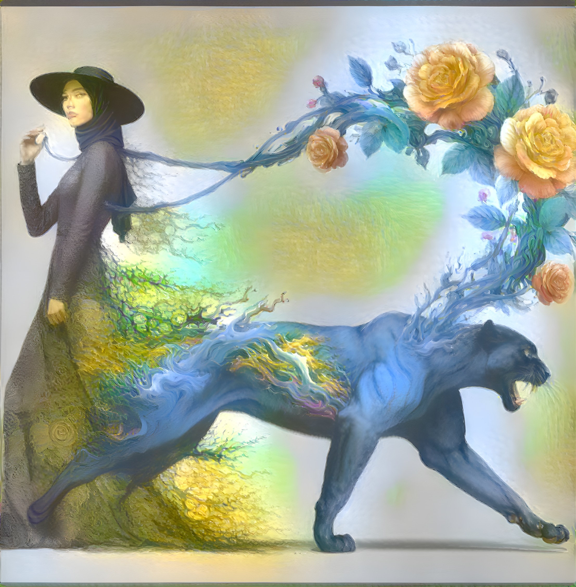 Woman in Black Dress with Blue Panther and Flowers
