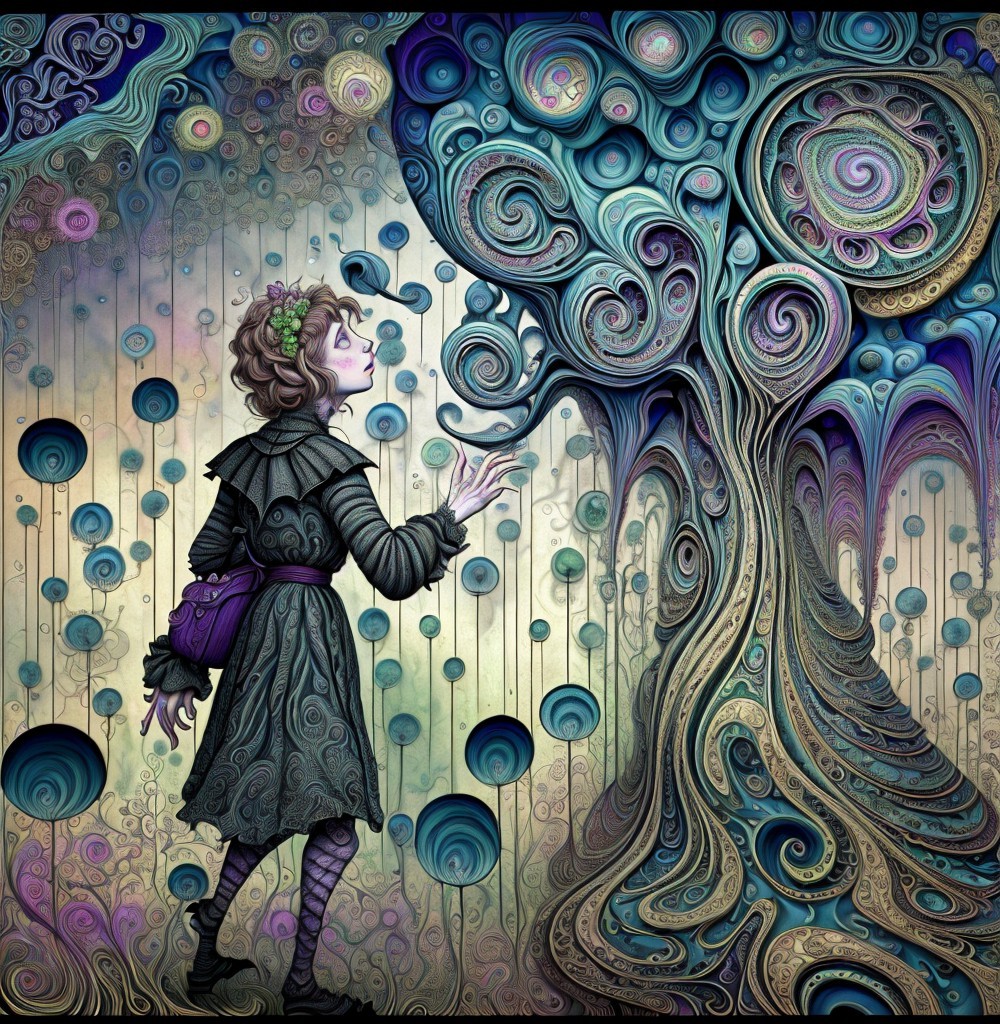 Whimsical Scene of a Girl and a Surreal Tree Formation