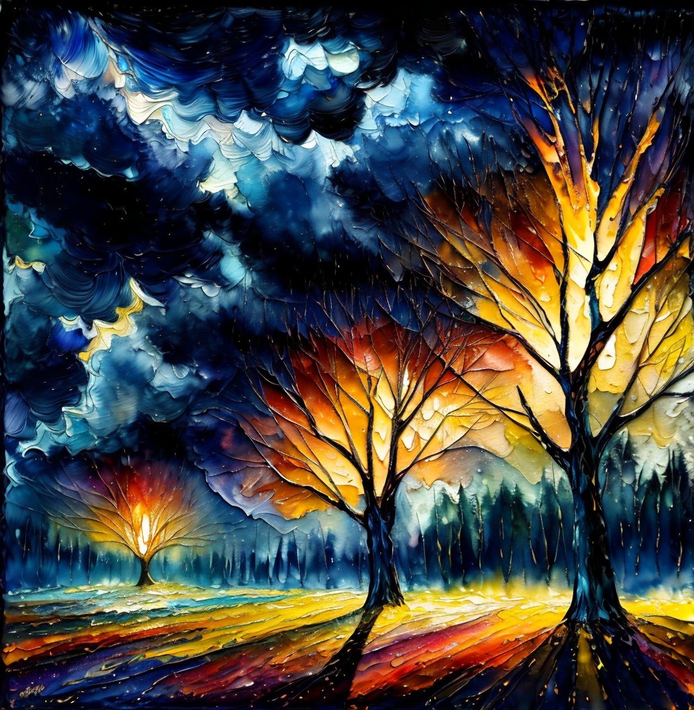 Vibrant Dusk Landscape with Silhouetted Trees