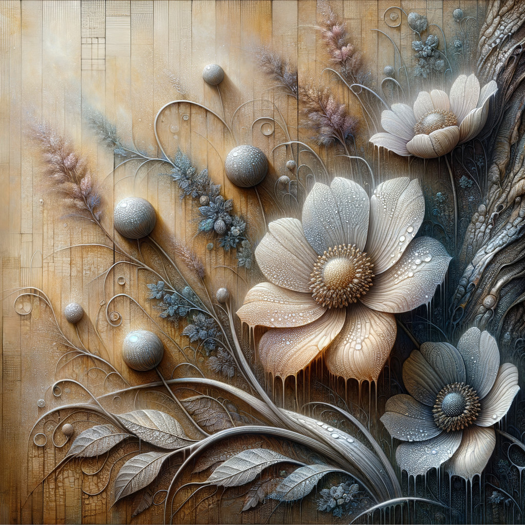 Floral Composition with Beige Flowers and Blue Accents