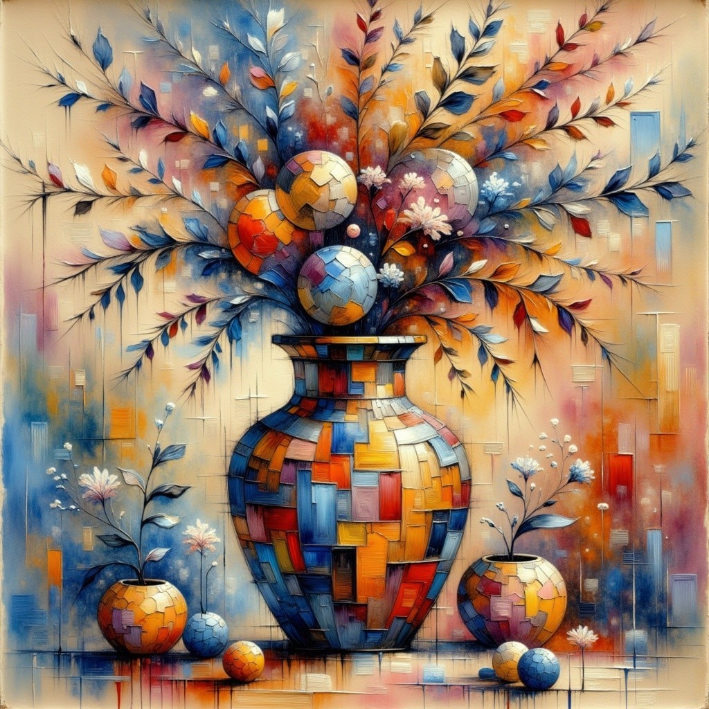Vibrant Abstract Painting with Geometric Vase and Flowers