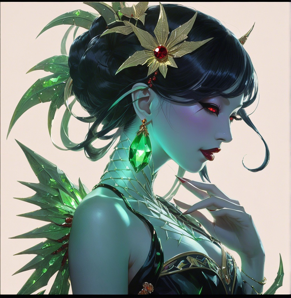 Stylized female figure with dark hair and red eyes