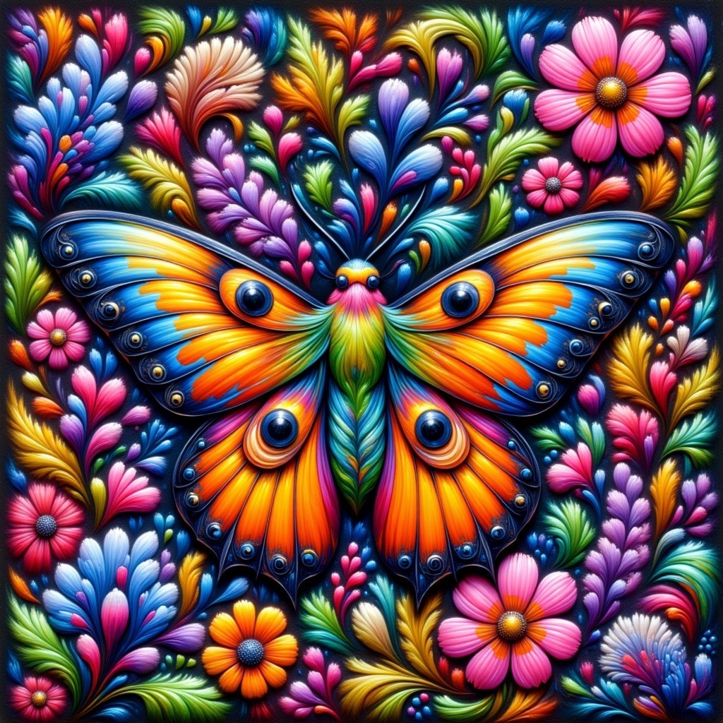 Vibrant Butterfly Amidst Colorful Floral Backdrop