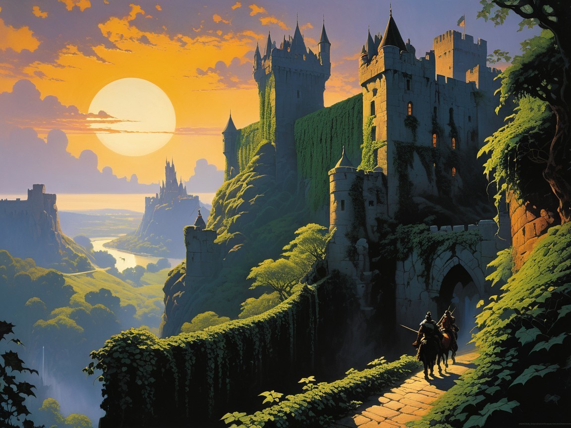 Medieval Landscape with Castles and Knights at Sunset