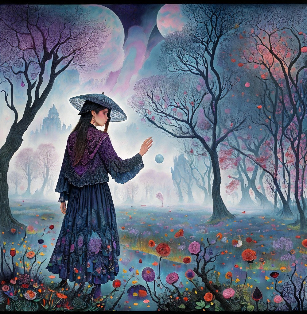Mysterious Landscape with Floral Dress and Two Moons