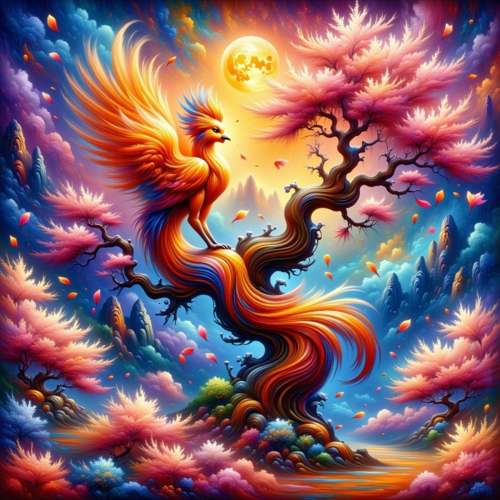 Majestic phoenix on a twisting tree with blossoms
