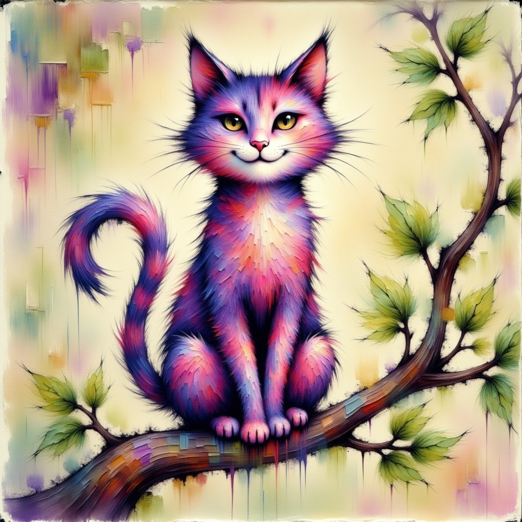 Colorful Cat on Branch in Dreamy Pastel Background