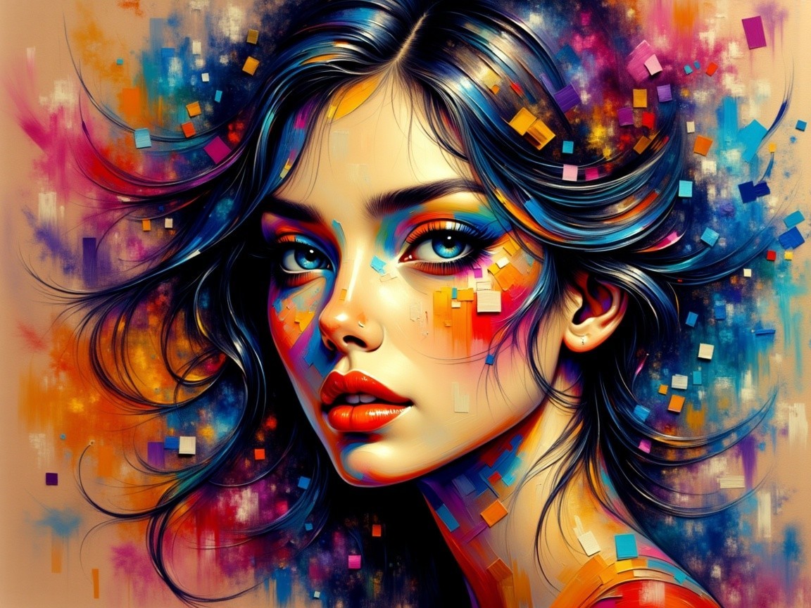 Portrait of a Young Woman with Vivid Colors and Shapes