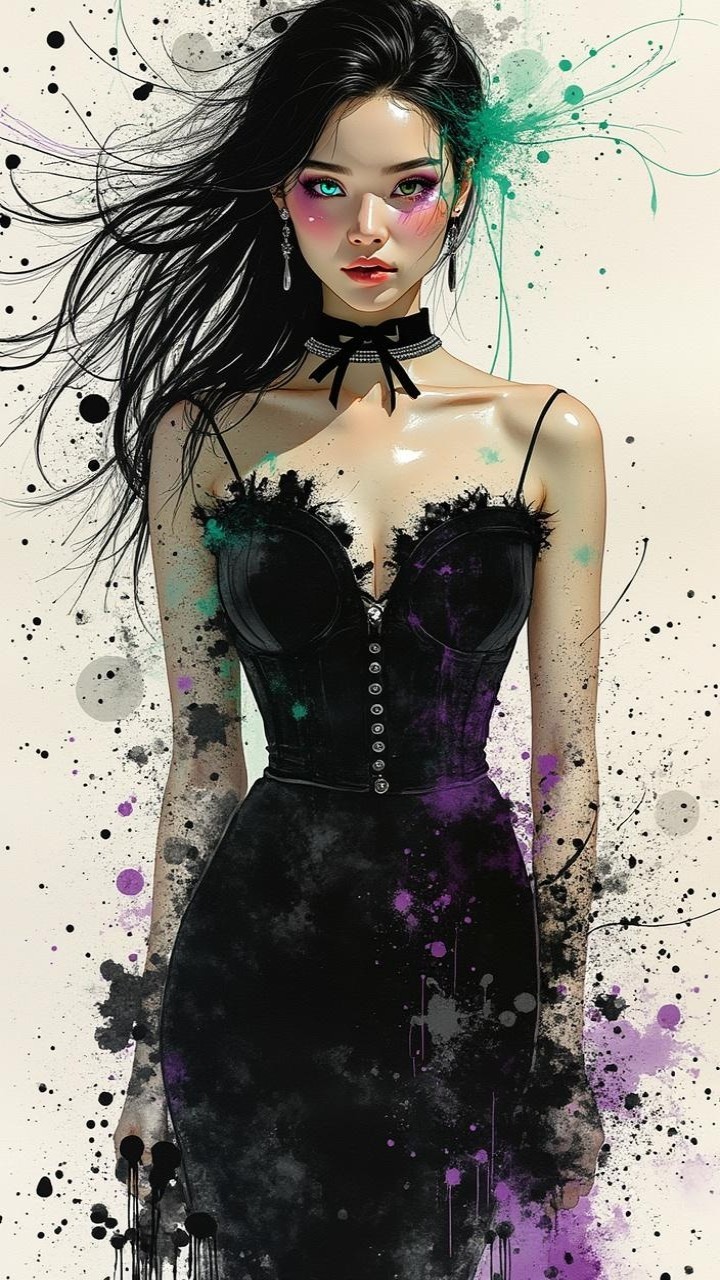 Illustration of a woman in a detailed black dress