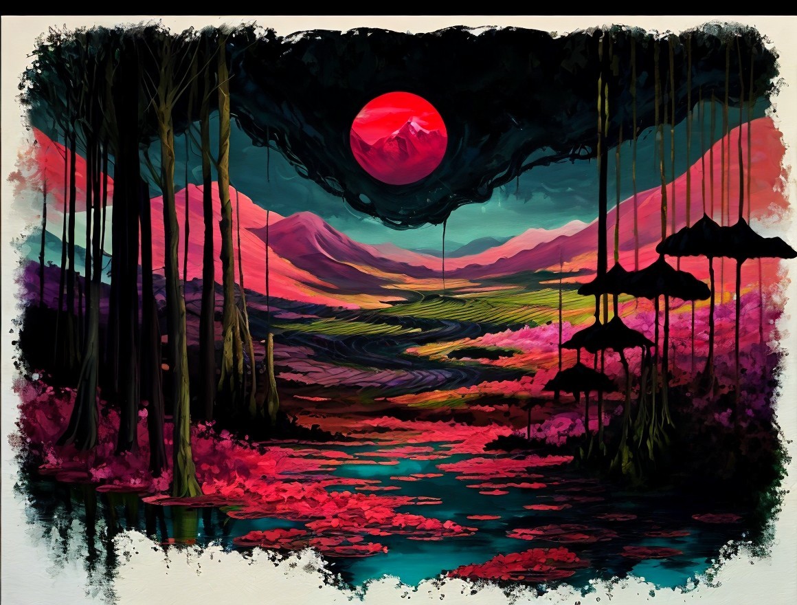 Surreal Landscape with Pink Foliage and Glowing Sun