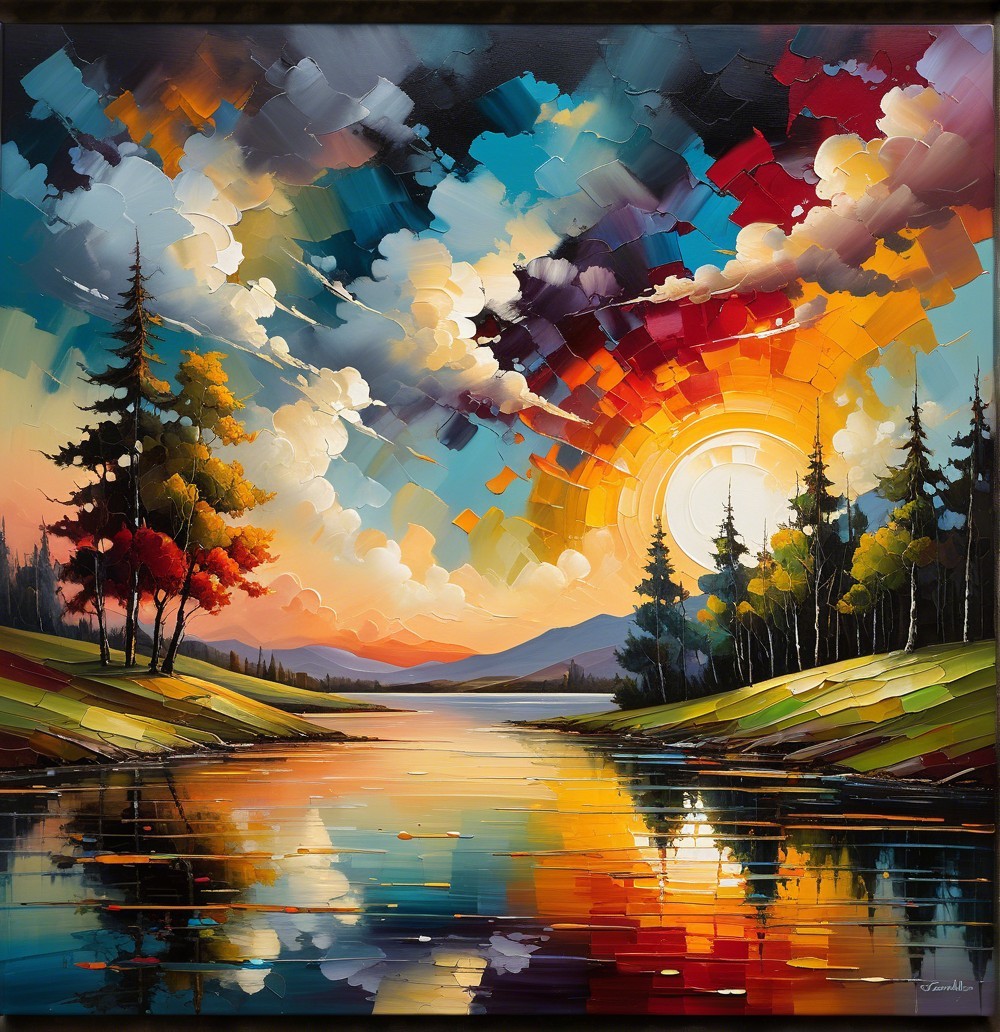 Vibrant Landscape with Lake and Dramatic Sunset