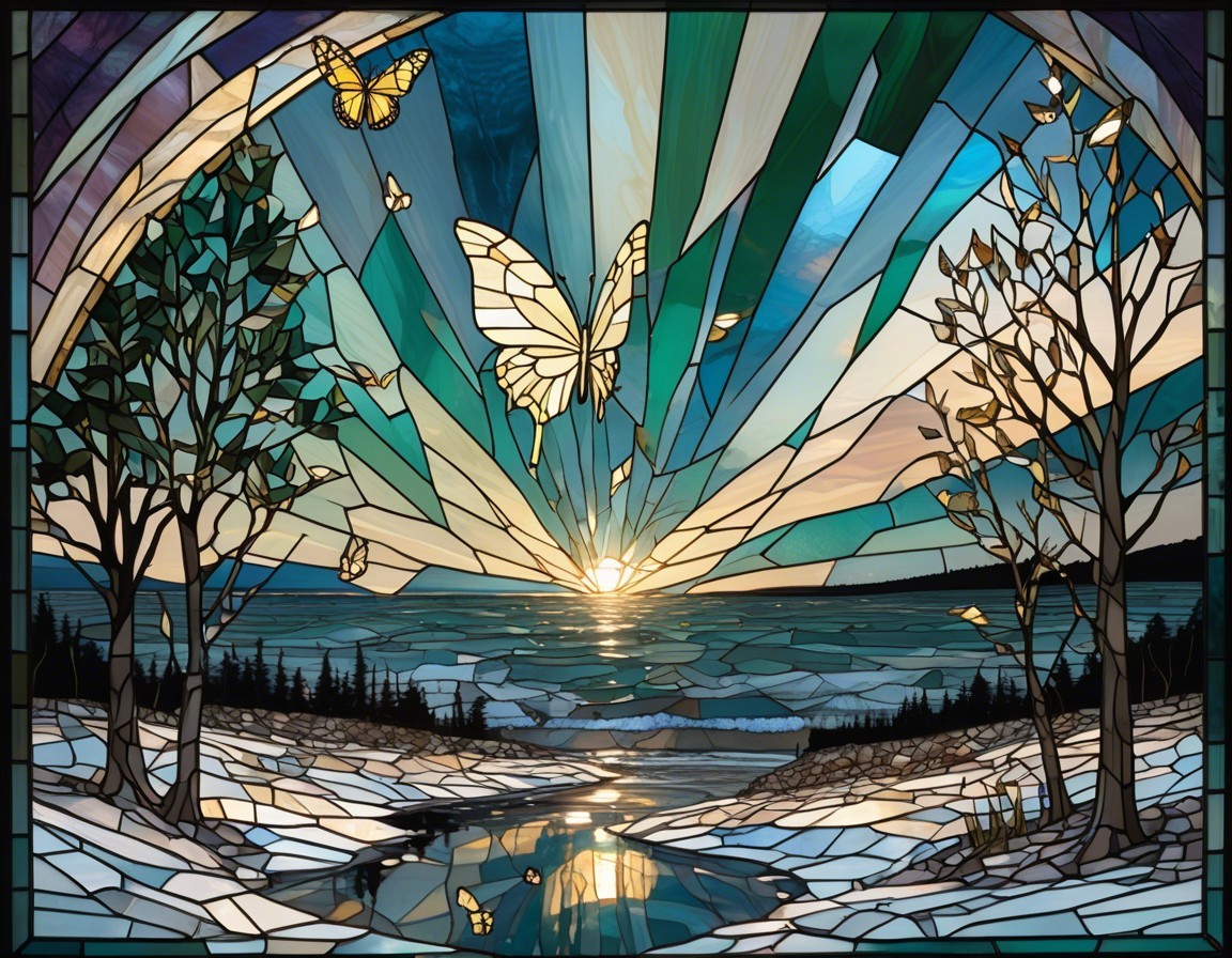 Stained Glass Artwork of Sunset Landscape with Butterflies