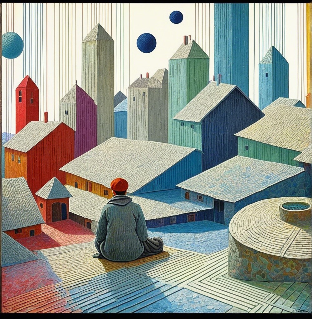 Contemplative Figure Overlooks Surreal Cityscape