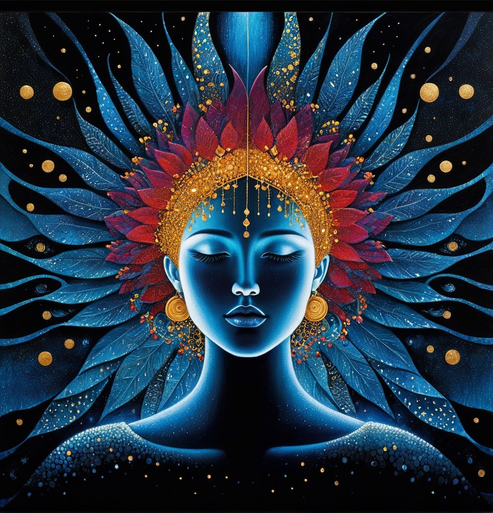Serene Female Figure Surrounded by Vibrant Patterns