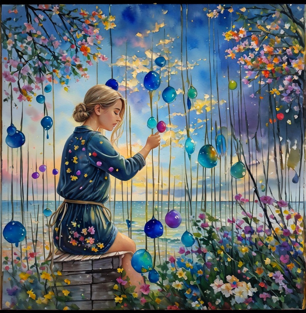 Serene Landscape with Girl and Colorful Glass Orbs