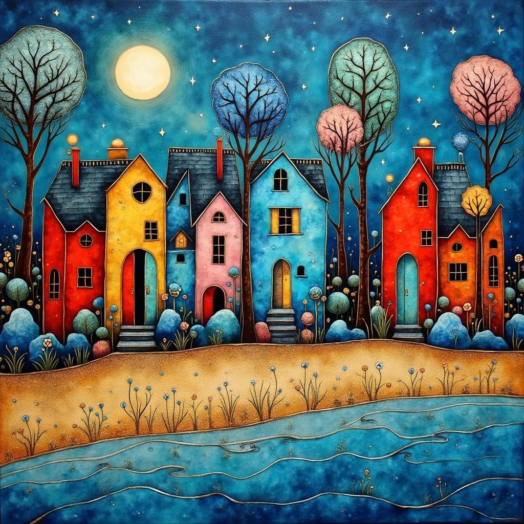 Charming Colorful Houses Under a Moonlit Sky