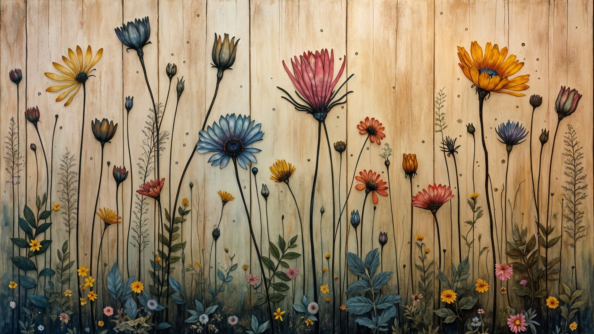 Vibrant Wildflower Field Against Rustic Wooden Backdrop