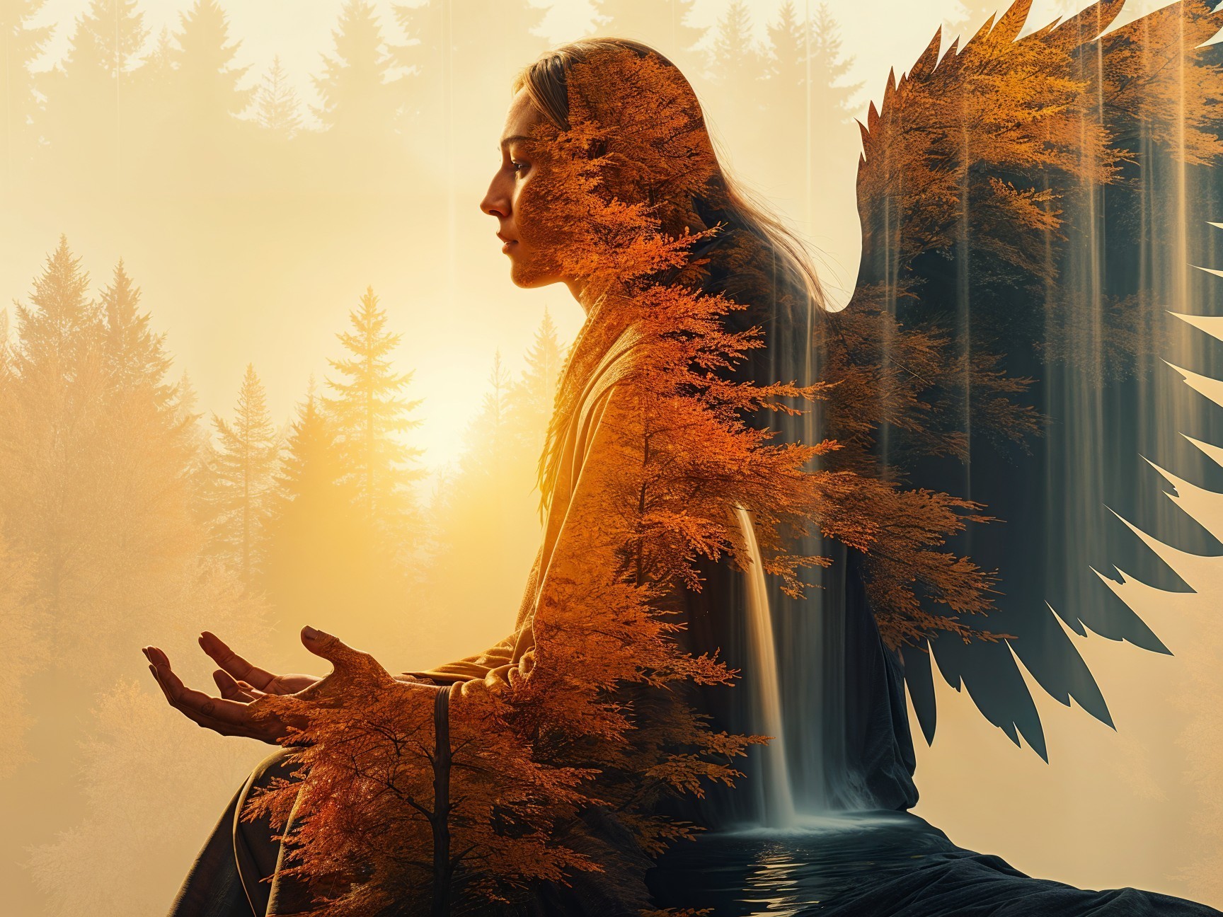Serene Figure with Wings Amidst Autumn Foliage
