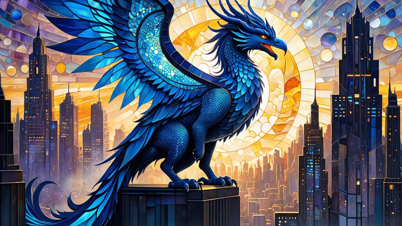 Blue Griffin on Skyscraper Against Sunset Skyline
