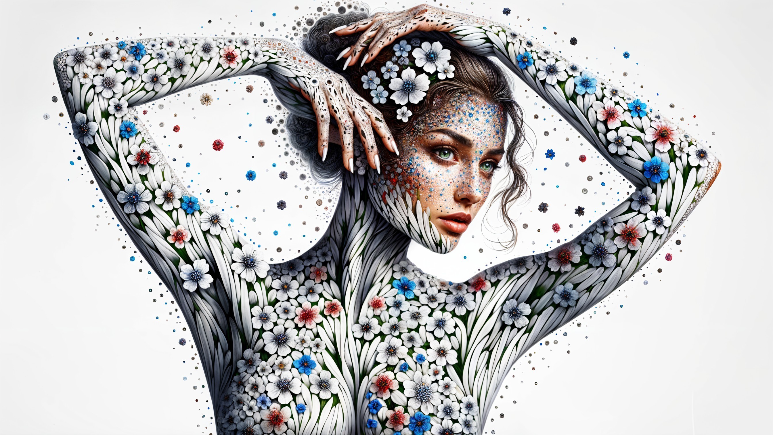 Woman with Floral Body Art in Elegant Pose