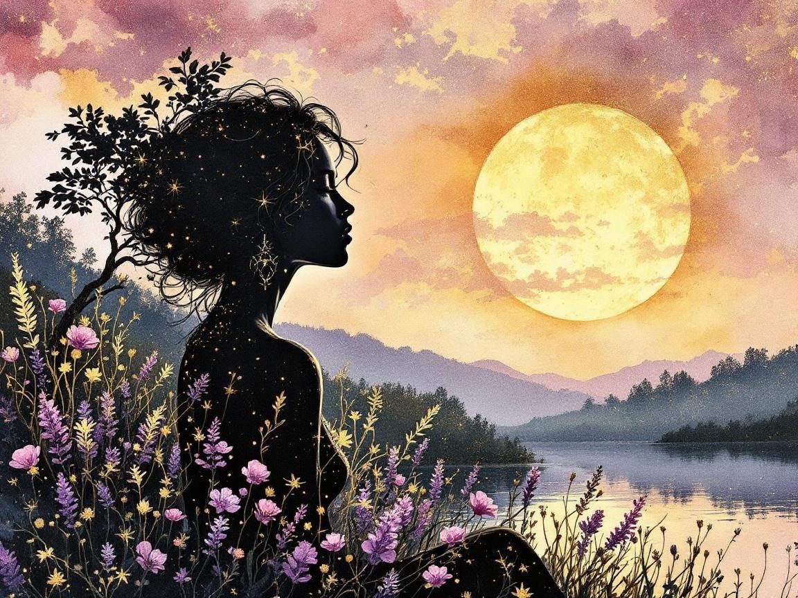 Silhouette of a Woman by a Tranquil Lake at Sunset