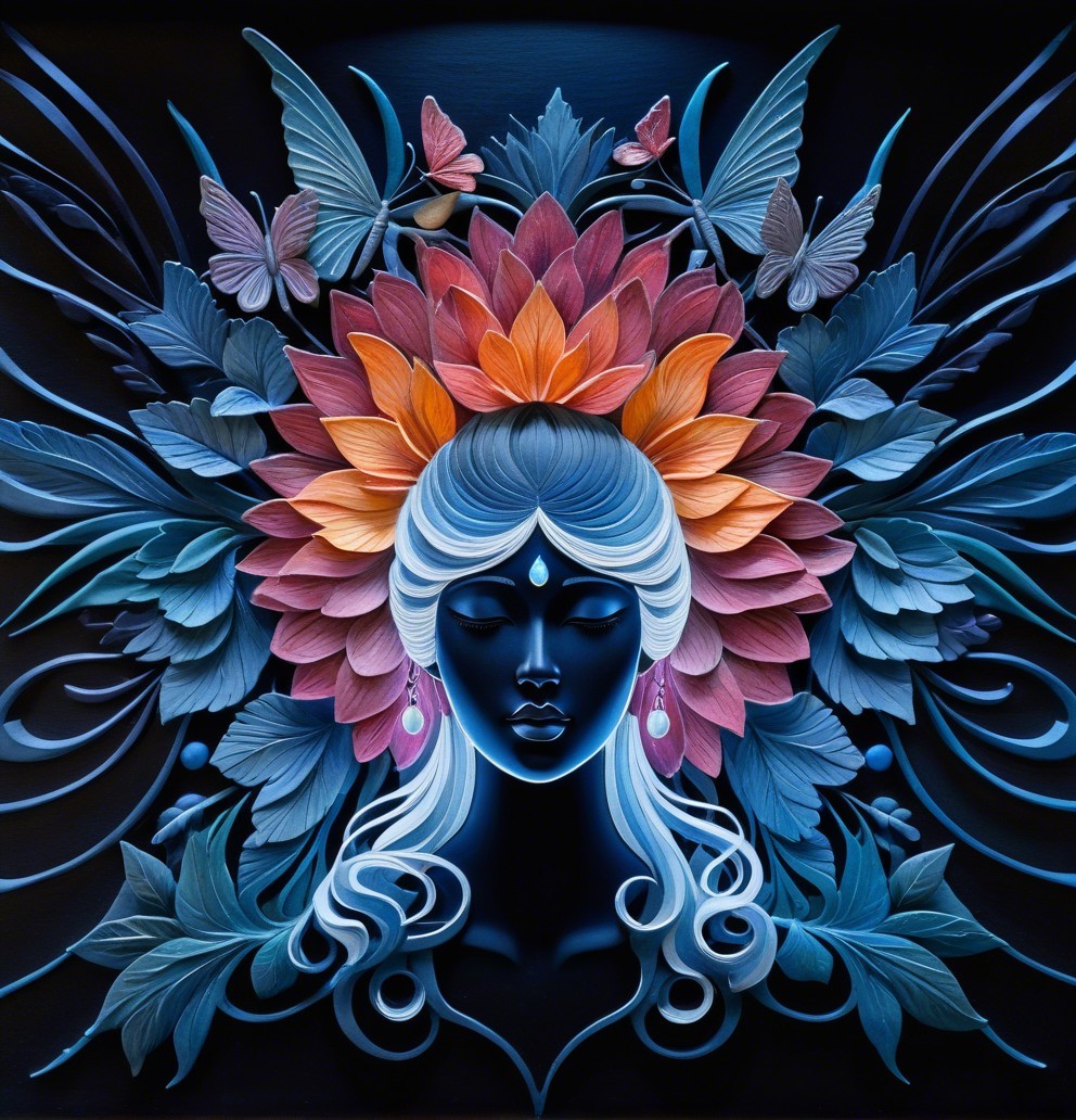 Stylized Female Face with Colorful Flowers and Butterflies