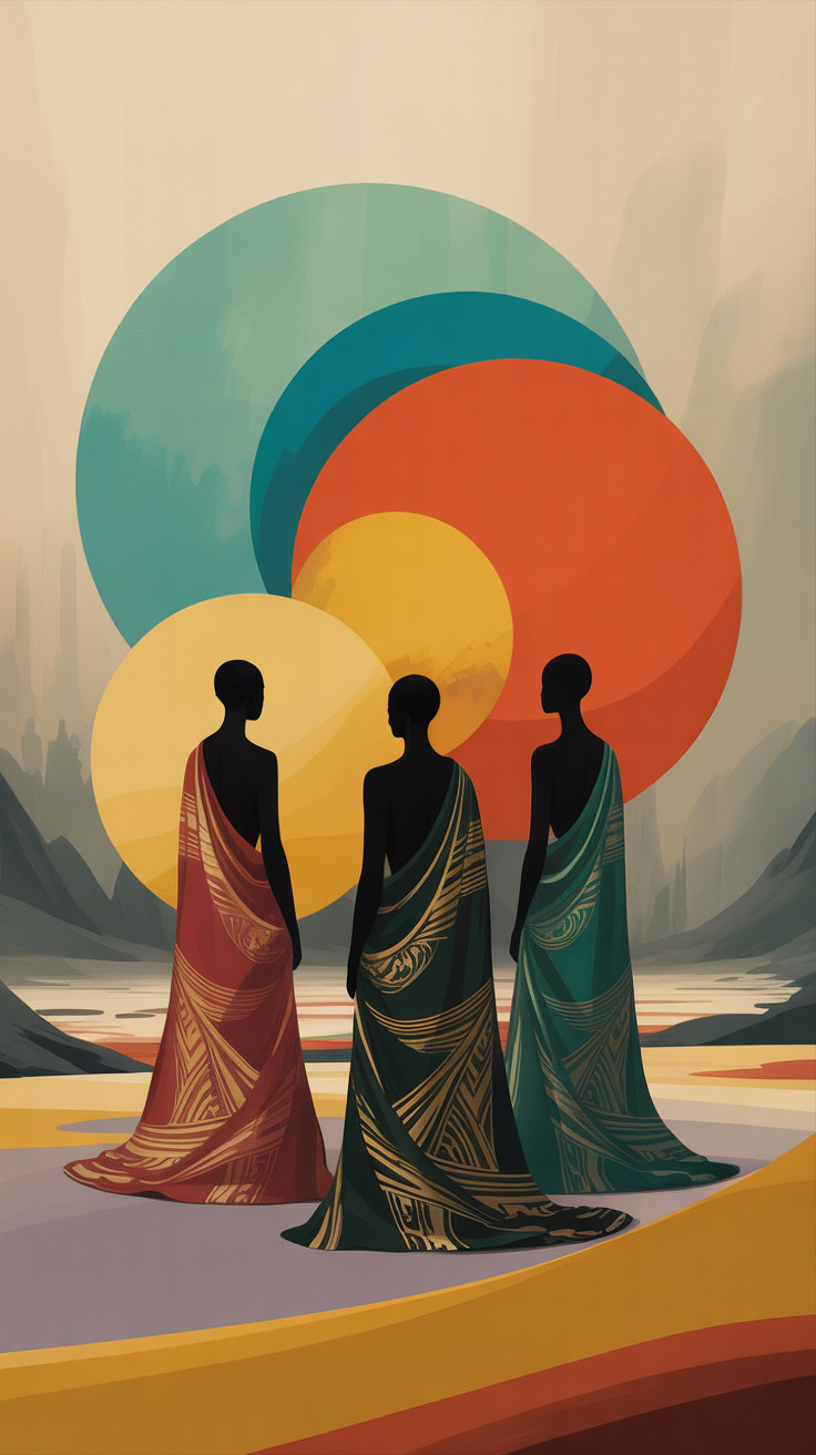 Silhouetted Figures in Vibrant Robes with Geometric Backdrop