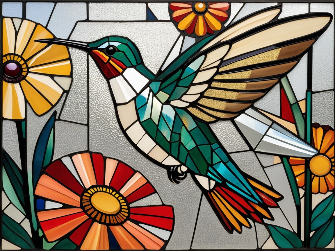 Vibrant Stained Glass Artwork of Hummingbird and Flowers